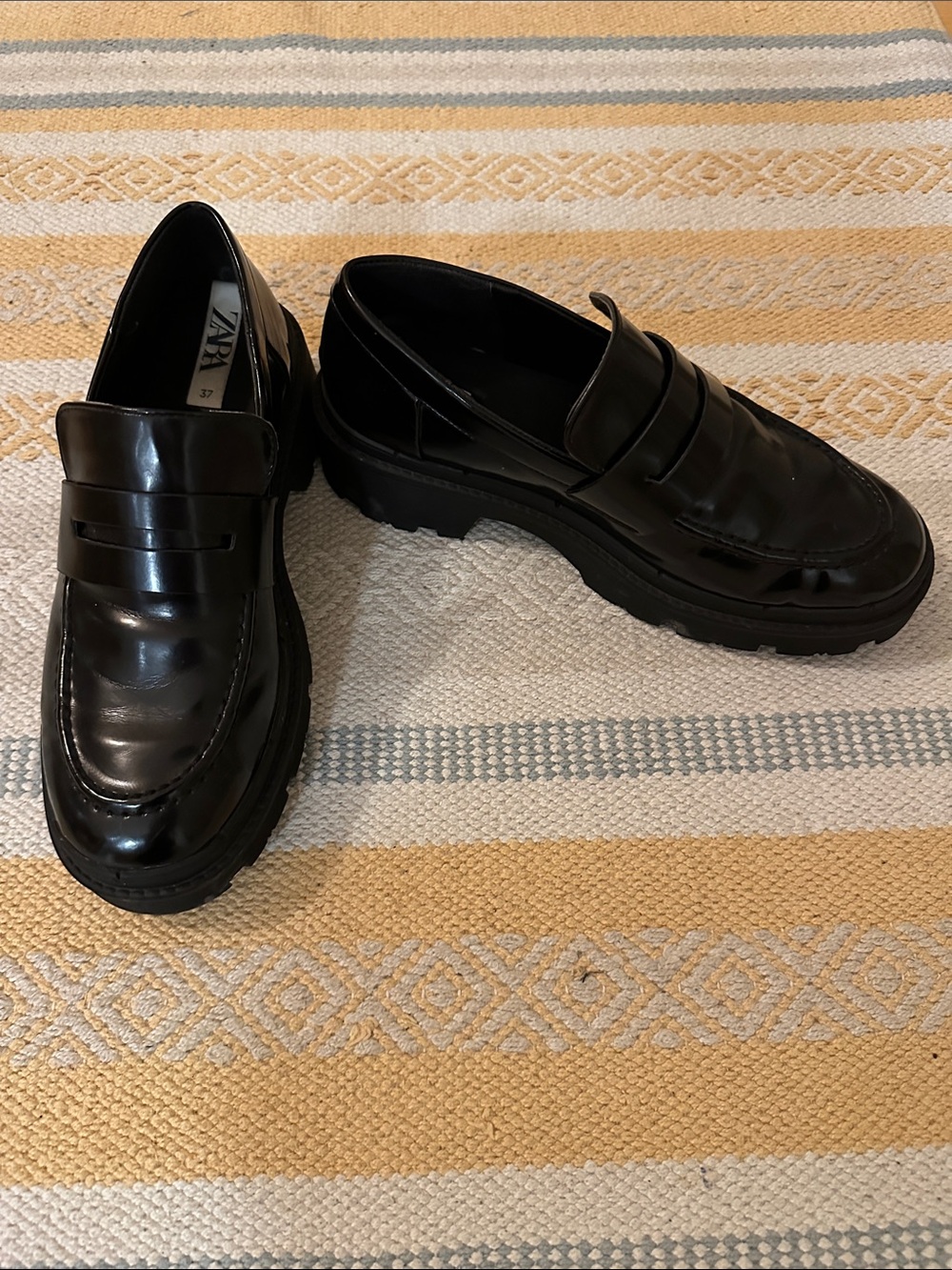Zara Black Patent Chunky Penny Loafers - Size 37
